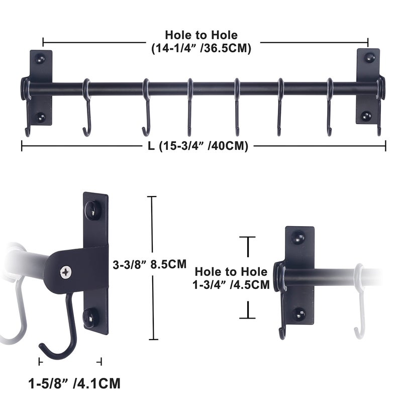 Dseap Kitchen Utensil Holder Hanger, Pot and Pan Rack Wall Mount, Kitchen Rail with 8 Hooks for Hanging Cooking Utensils, Mugs, Spoons, Wall Mounted, Stainless Steel, Black - Image 2